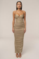 Gold Ruched Metallic Maxi Dress