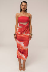 Sunset Red Timeless Form Ruched Midi Dress