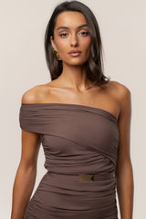 Brown Opulent Ruched Midi Dress