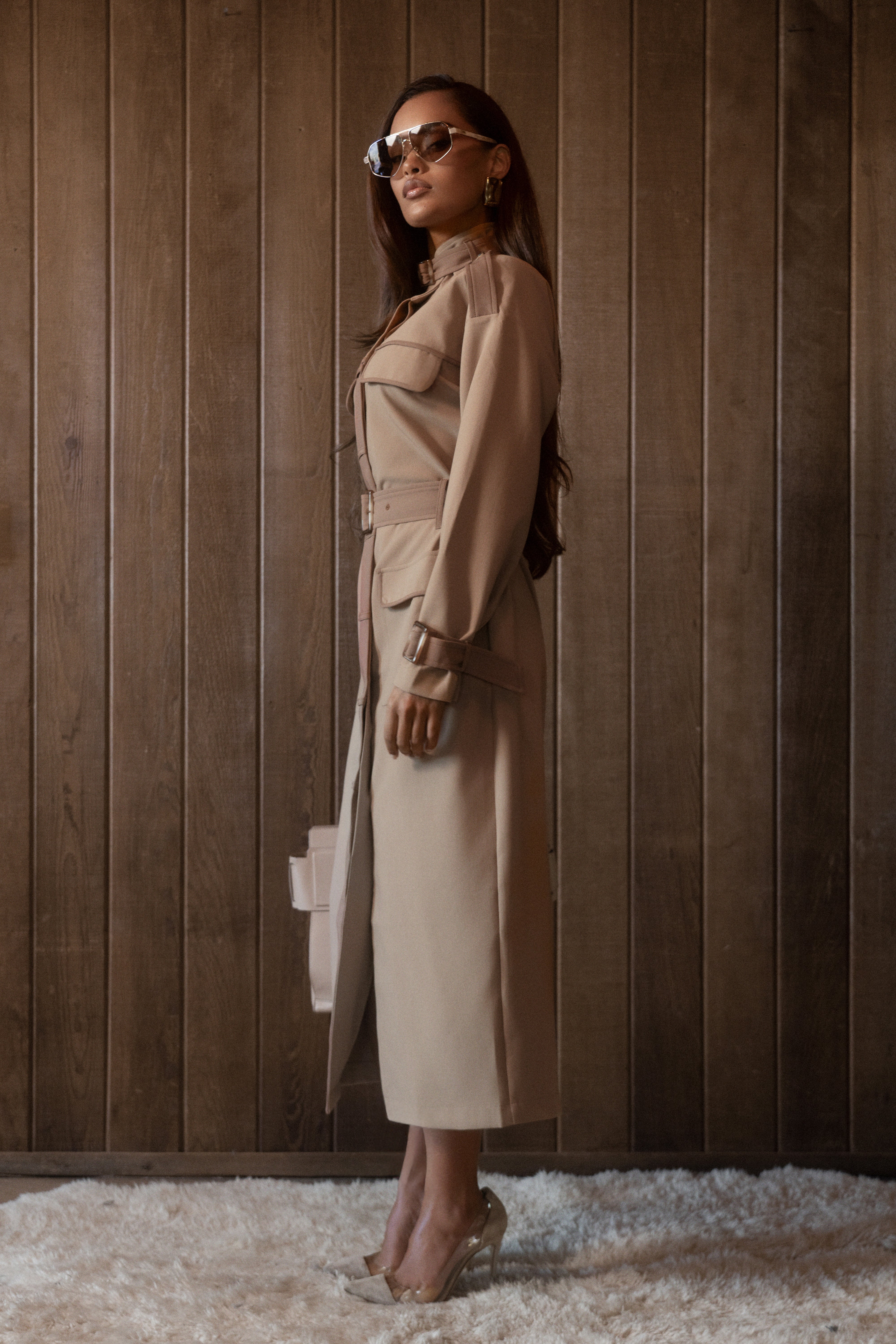 Beige Icon Belted Midi Dress