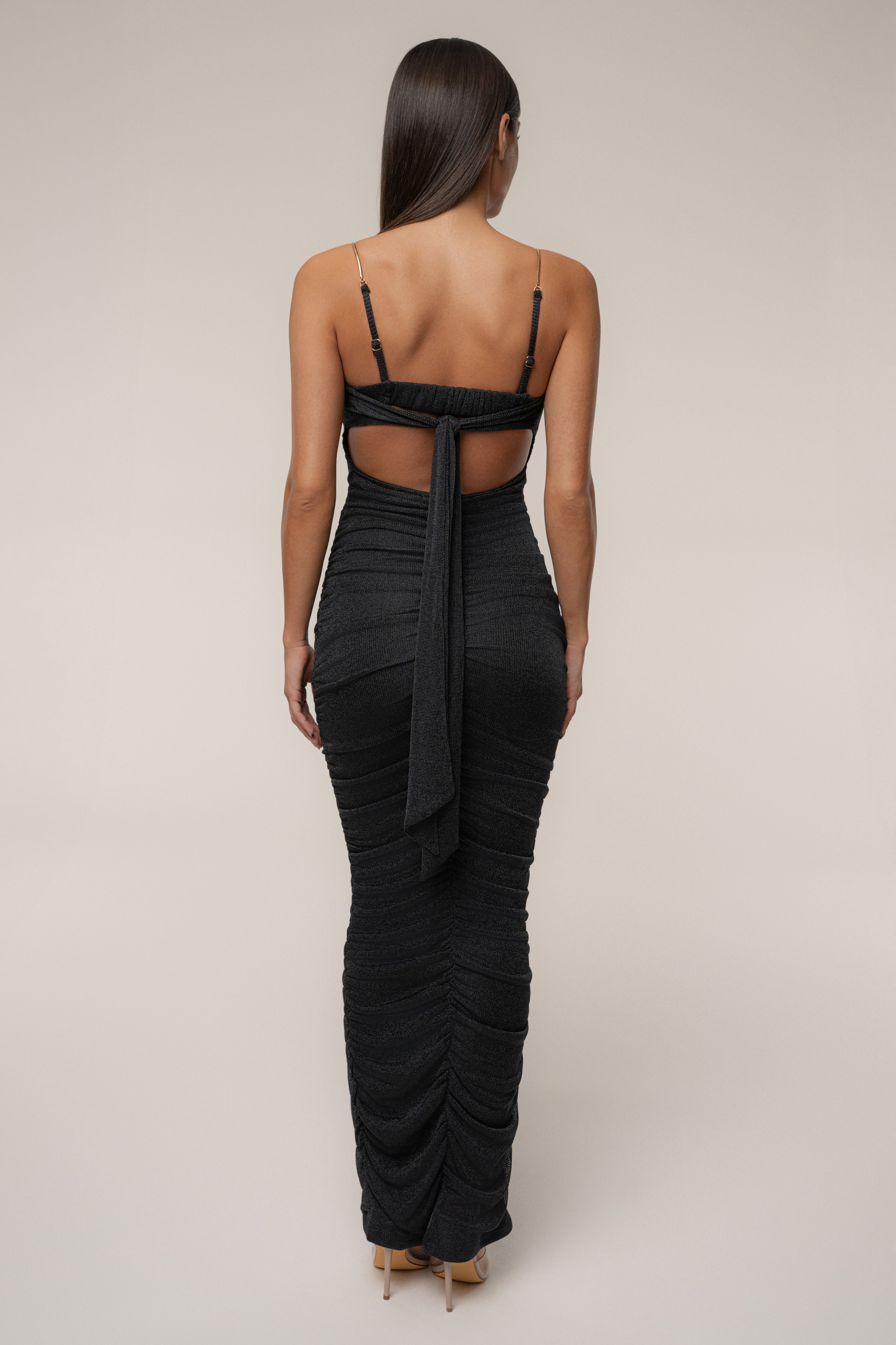 Black Ruched Metallic Maxi Dress