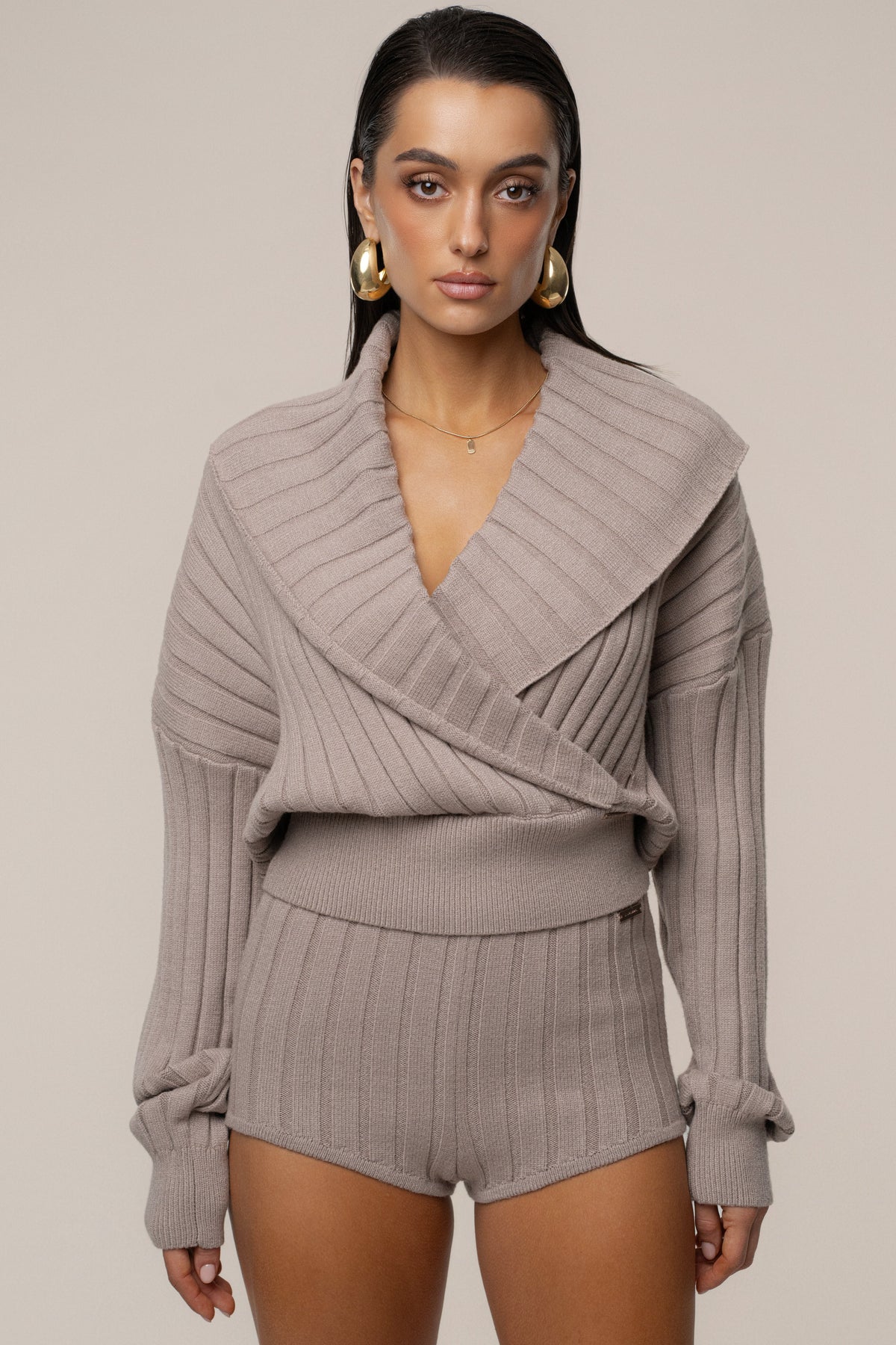 Taupe Ease Forward Knit Top