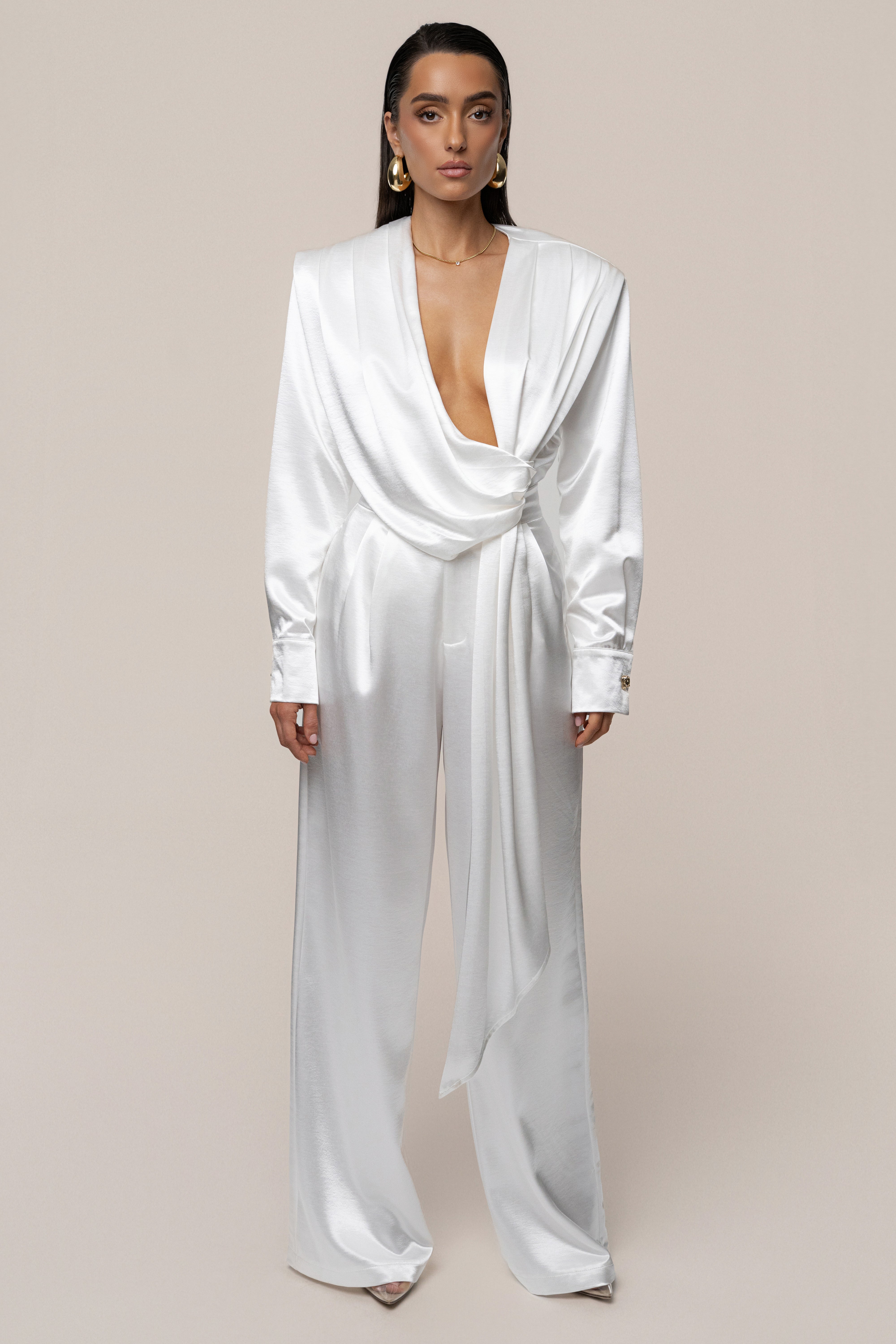 White Signature Satin Trousers