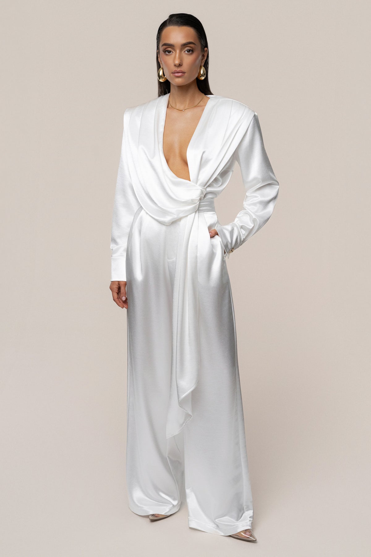 White Signature Satin Trousers