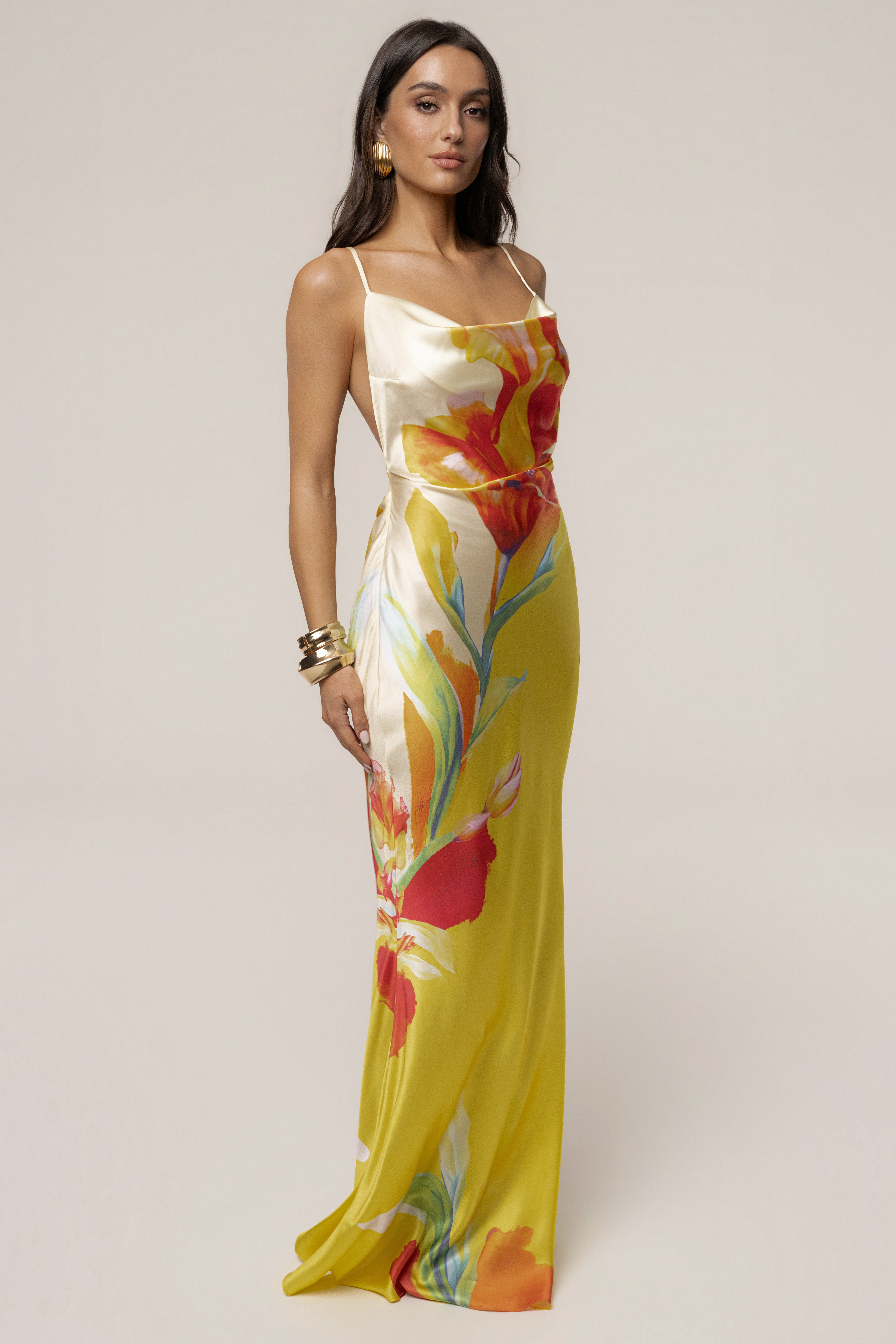 Yellow Satin Floral Print Maxi Dress