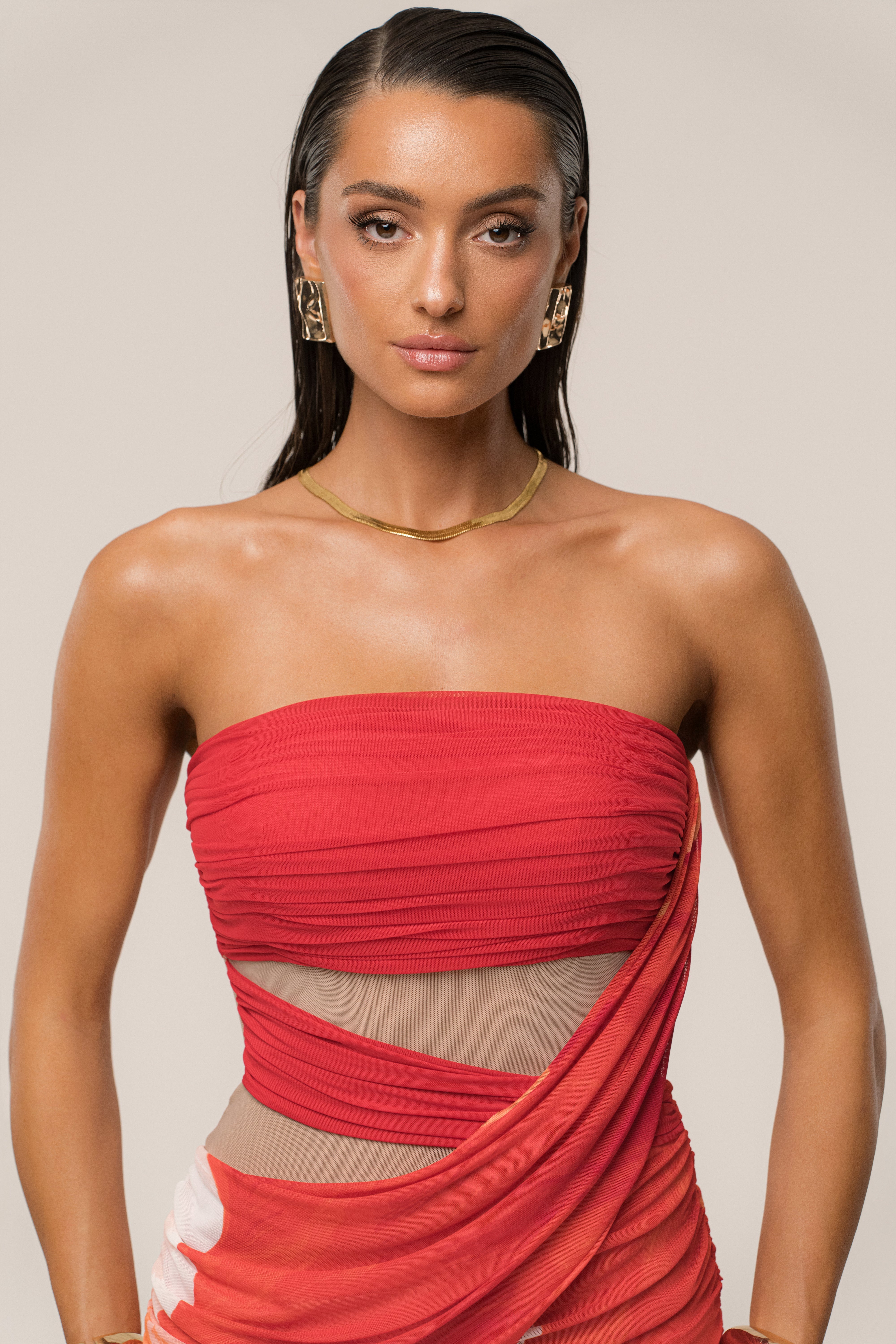 Sunset Red Timeless Form Ruched Midi Dress