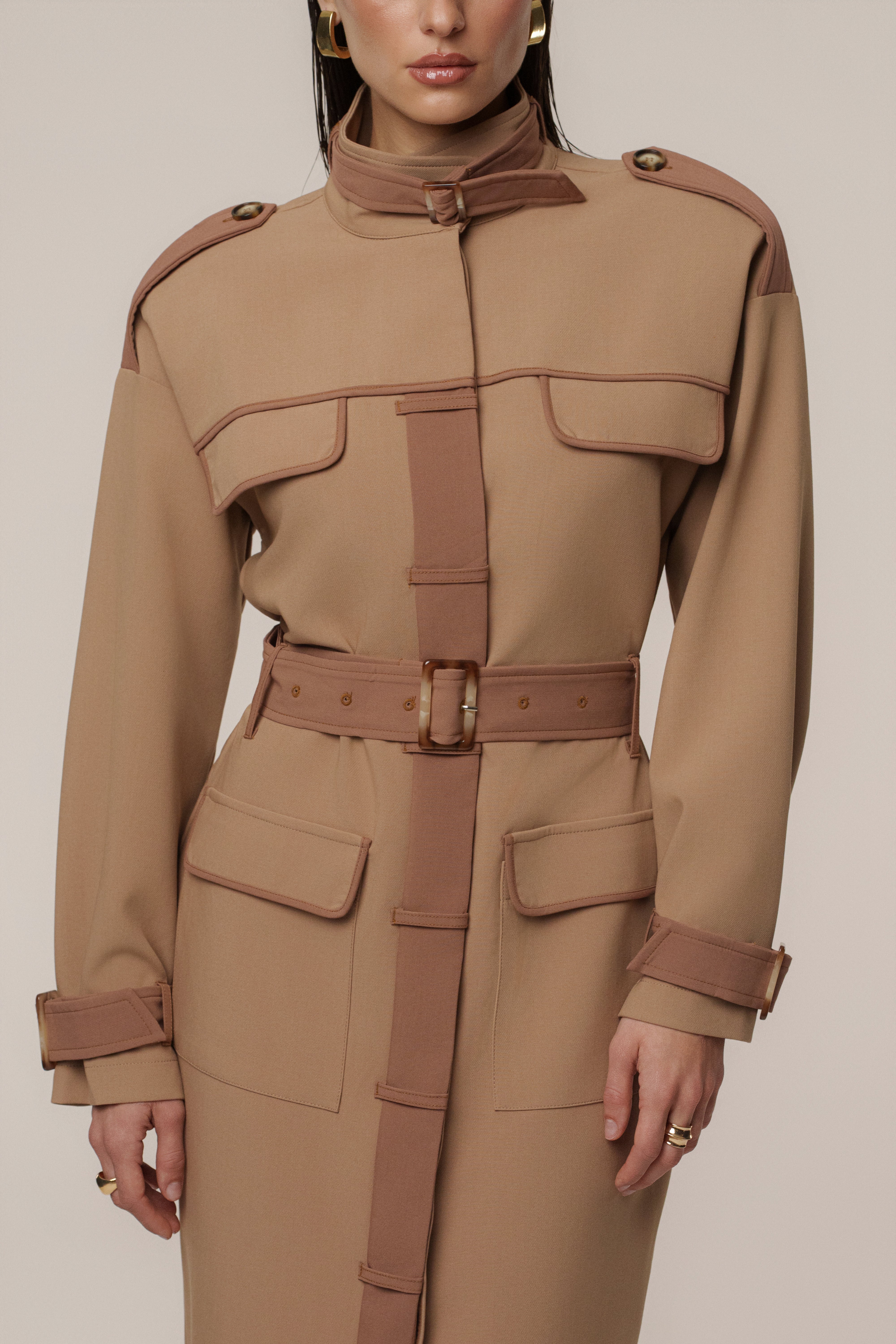 Beige Icon Belted Midi Dress