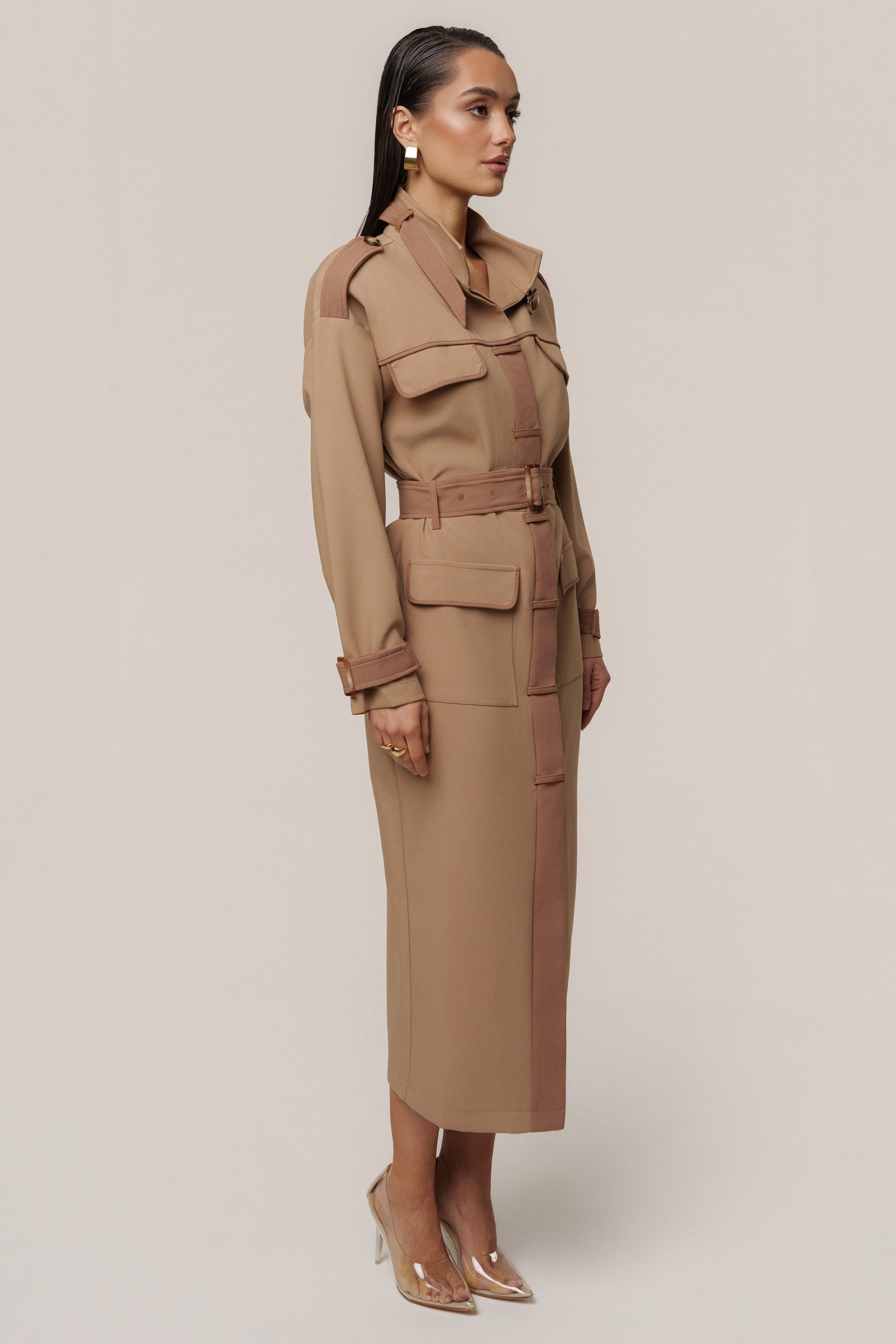 Beige Icon Belted Midi Dress