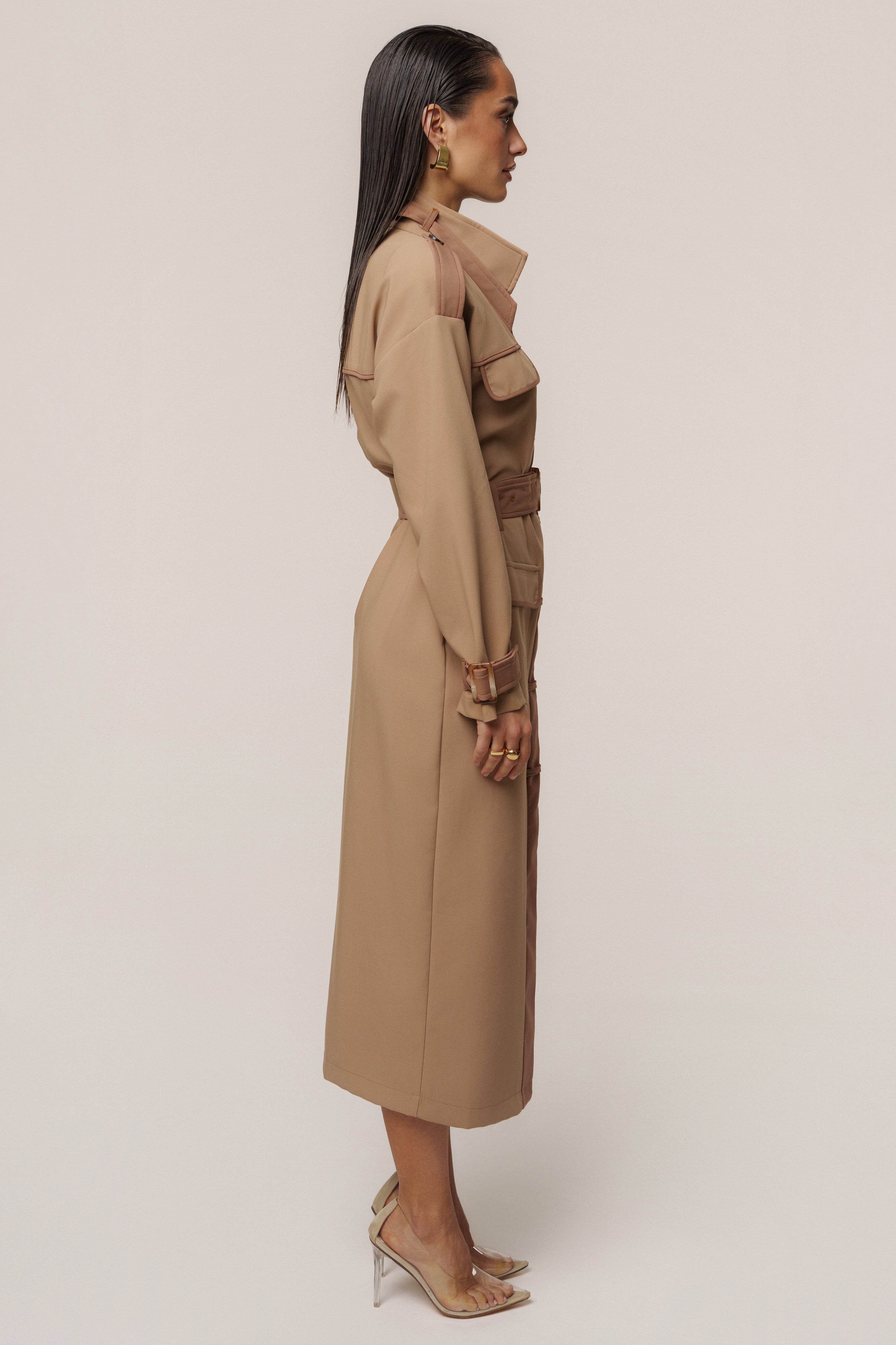 Beige Icon Belted Midi Dress