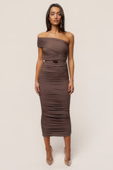 Brown Opulent Ruched Midi Dress